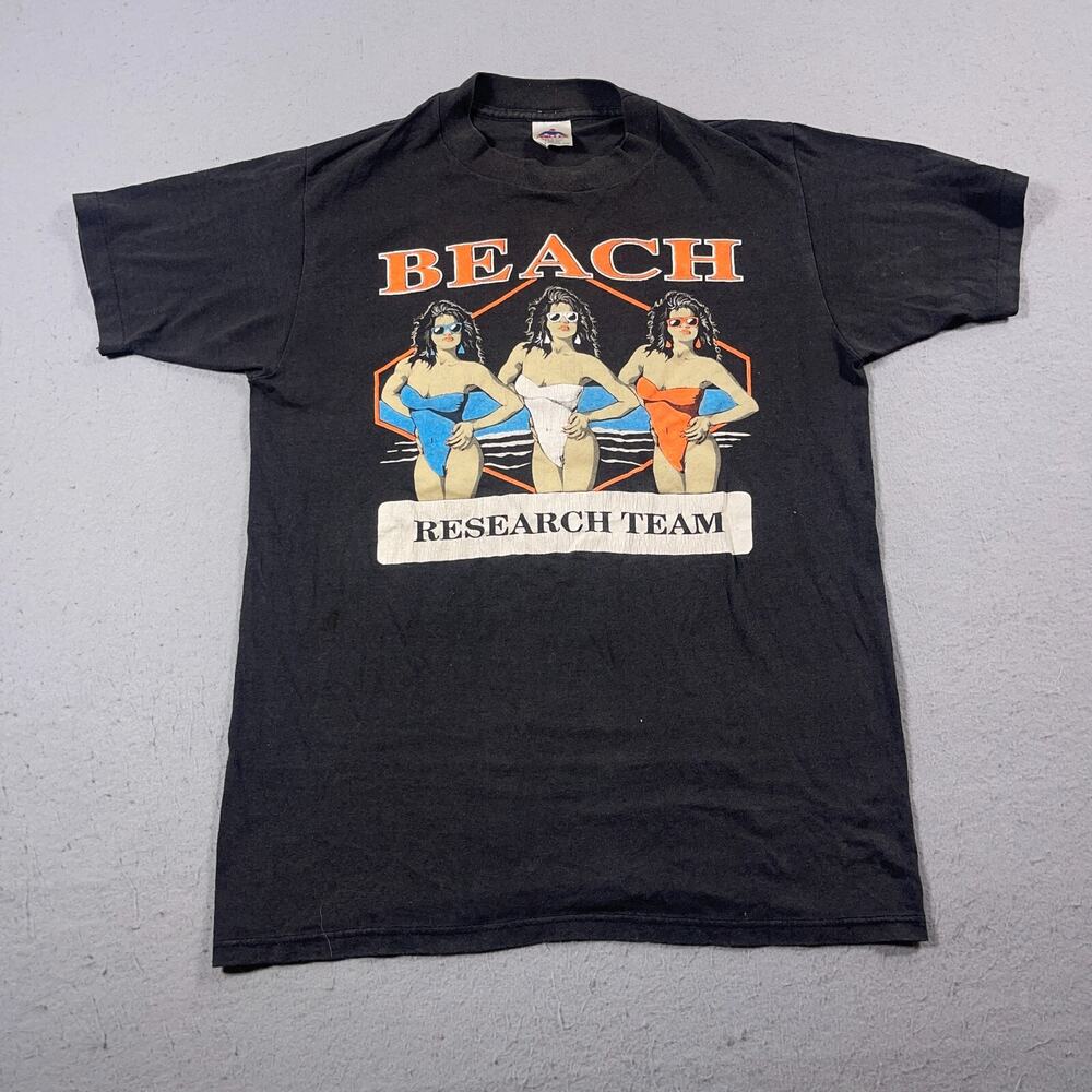 Vintage Beach Research Team T-Shirt Men L Black‎ 80s Miller USA Swimsuit Graphic